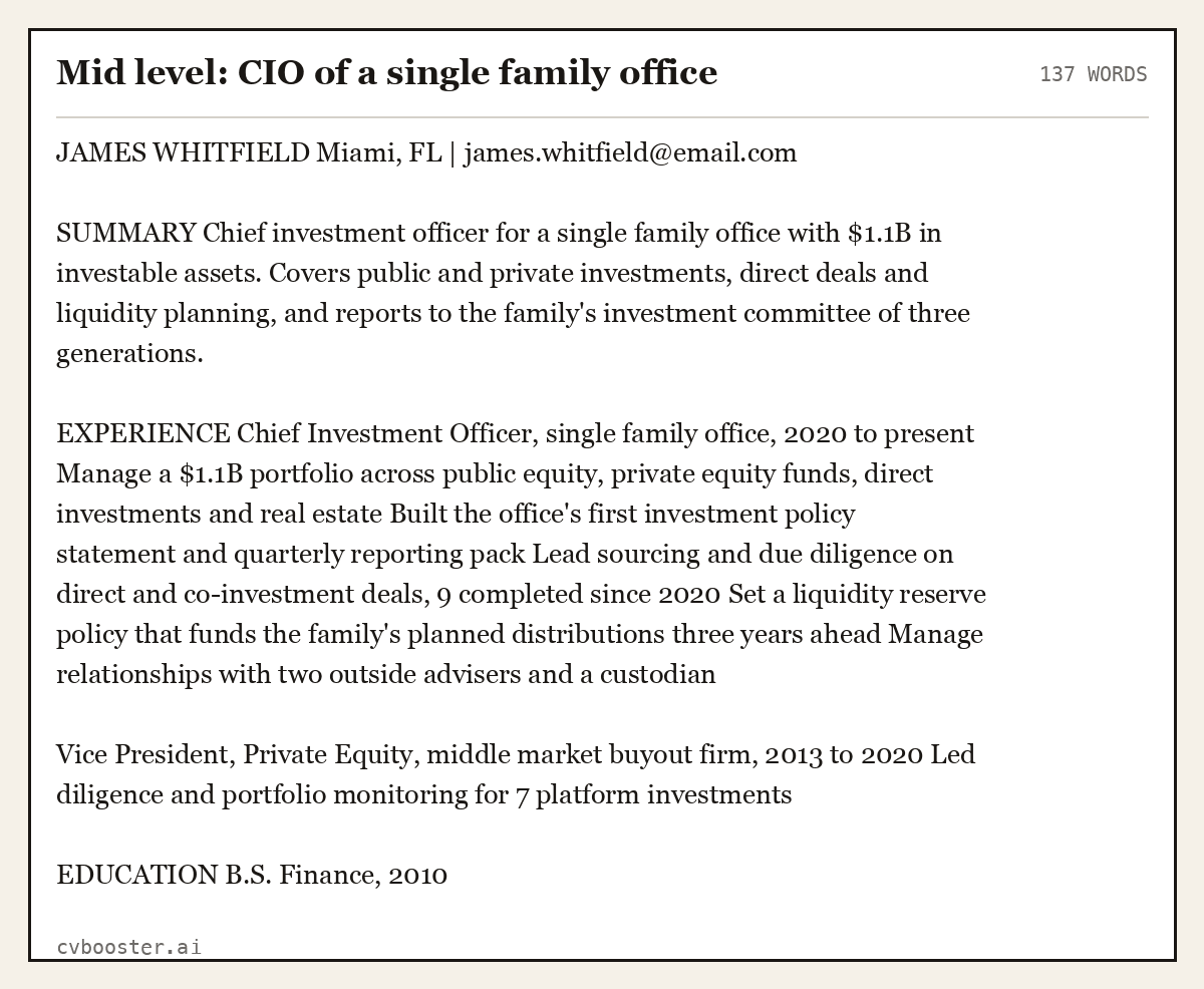Complete Mid level: CIO of a single family office example, 137 words, laid out as it would sit in the application form