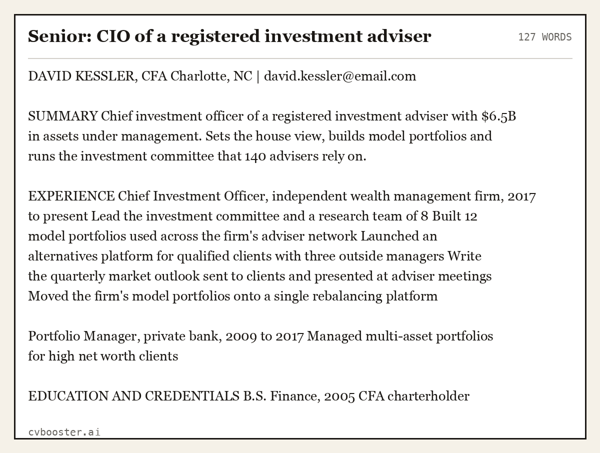 Complete Senior: CIO of a registered investment adviser example, 127 words, laid out as it would sit in the application form