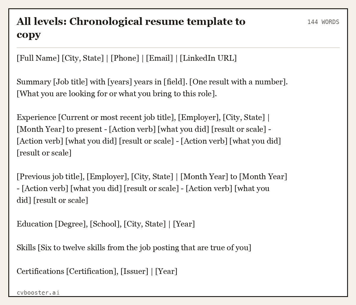 Complete All levels: Chronological resume template to copy example, 144 words, laid out as it would sit in the application form