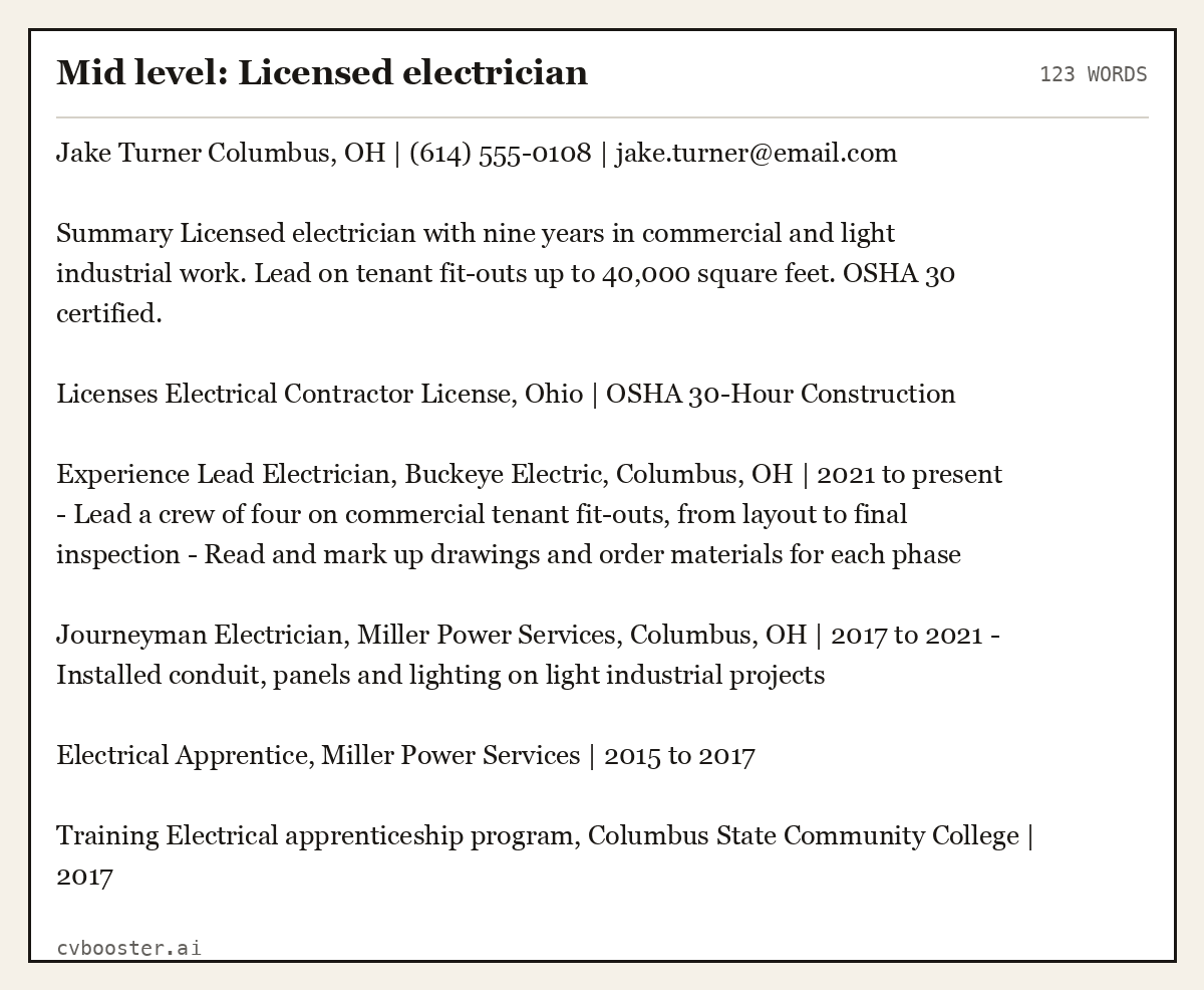 Complete Mid level: Licensed electrician example, 123 words, laid out as it would sit in the application form