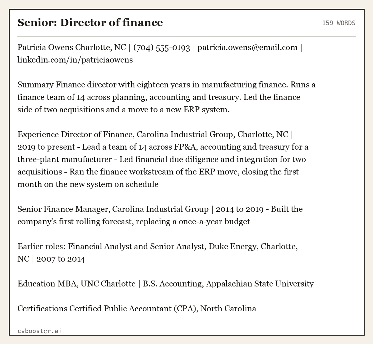 Complete Senior: Director of finance example, 159 words, laid out as it would sit in the application form