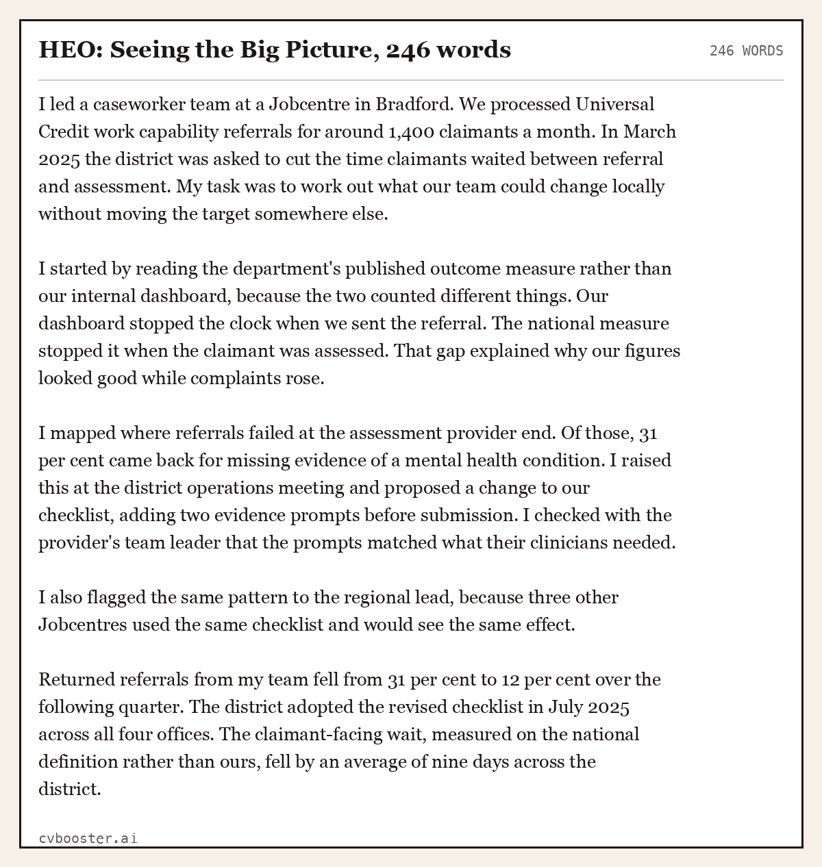 Complete HEO: Seeing the Big Picture example, 246 words, laid out as it would sit in the application form