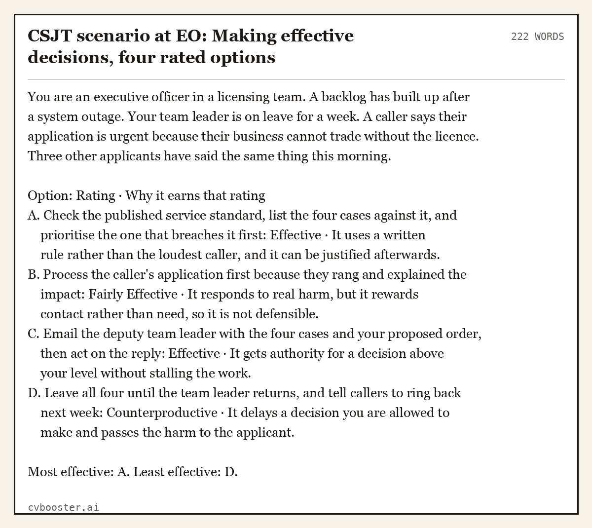 Complete CSJT scenario at EO: Making effective decisions, four rated options example, 222 words, laid out as it would sit in the application form
