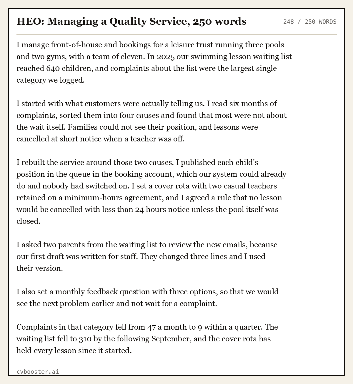Complete HEO: Managing a Quality Service example, 248 words, laid out as it would sit in the application form