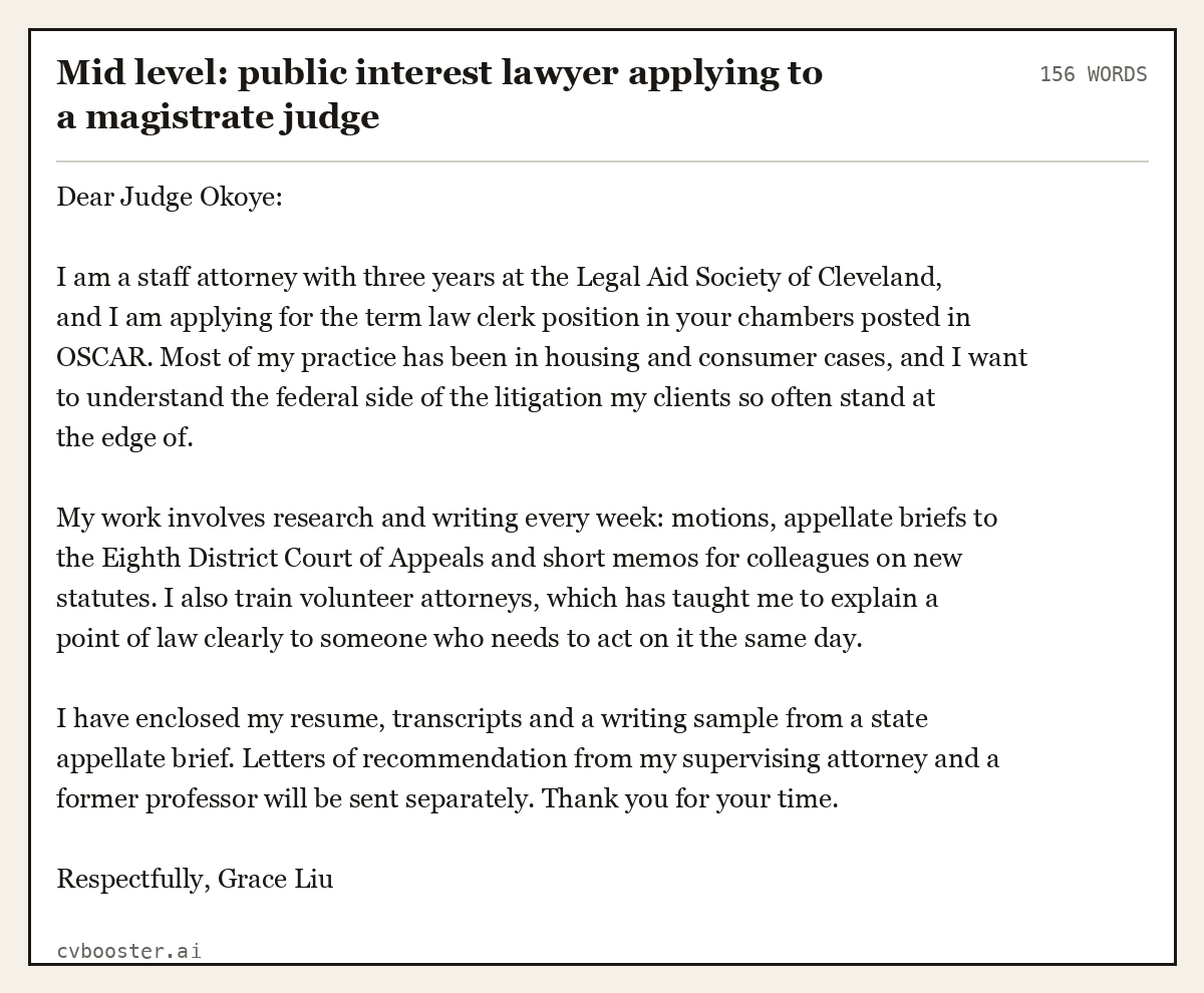 Complete Mid level: public interest lawyer applying to a magistrate judge example, 156 words, laid out as it would sit in the application form