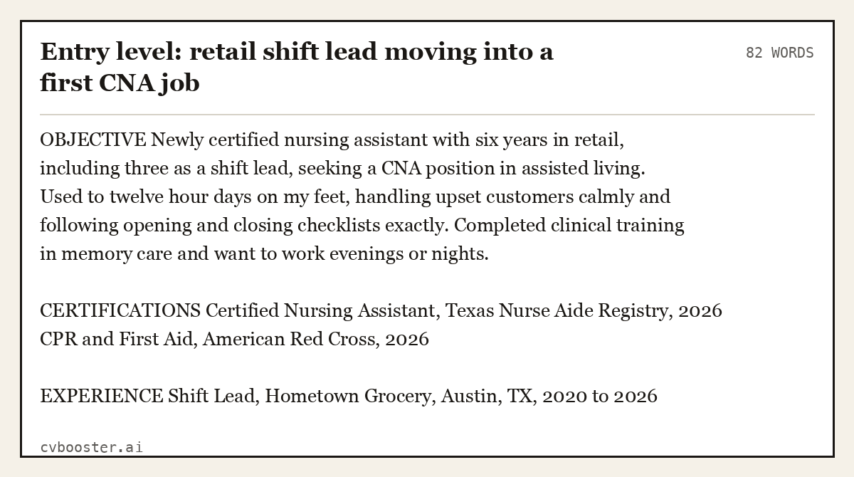Complete Entry level: retail shift lead moving into a first CNA job example, 82 words, laid out as it would sit in the application form