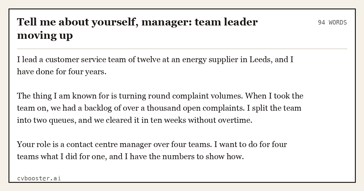 Complete Tell me about yourself, manager: team leader moving up example, 94 words, laid out as it would sit in the application form