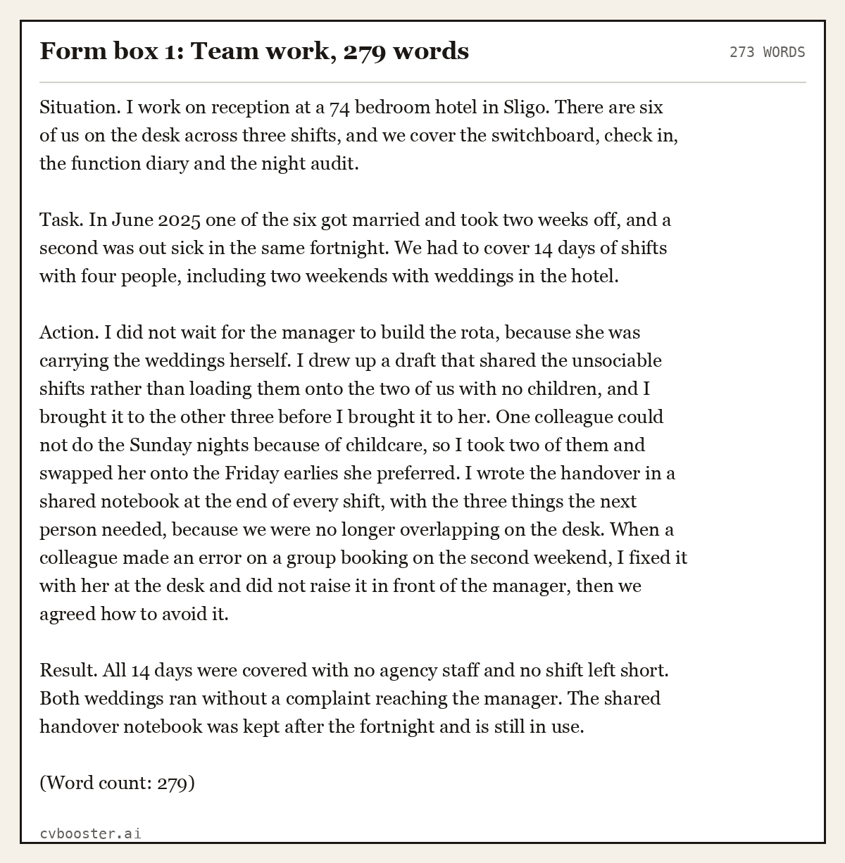 Complete Form box 1: Team work example, 273 words, laid out as it would sit in the application form
