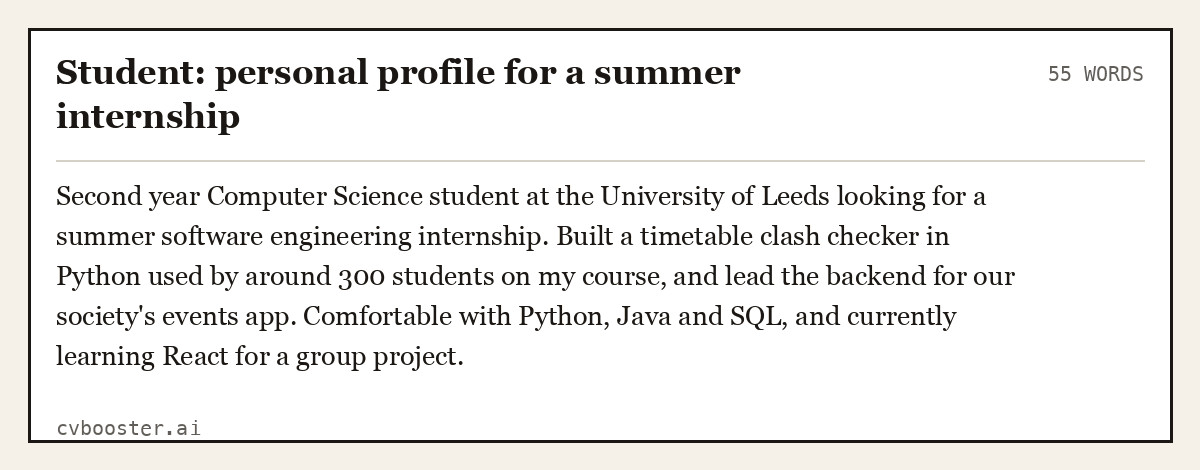 Complete Student: personal profile for a summer internship example, 55 words, laid out as it would sit in the application form