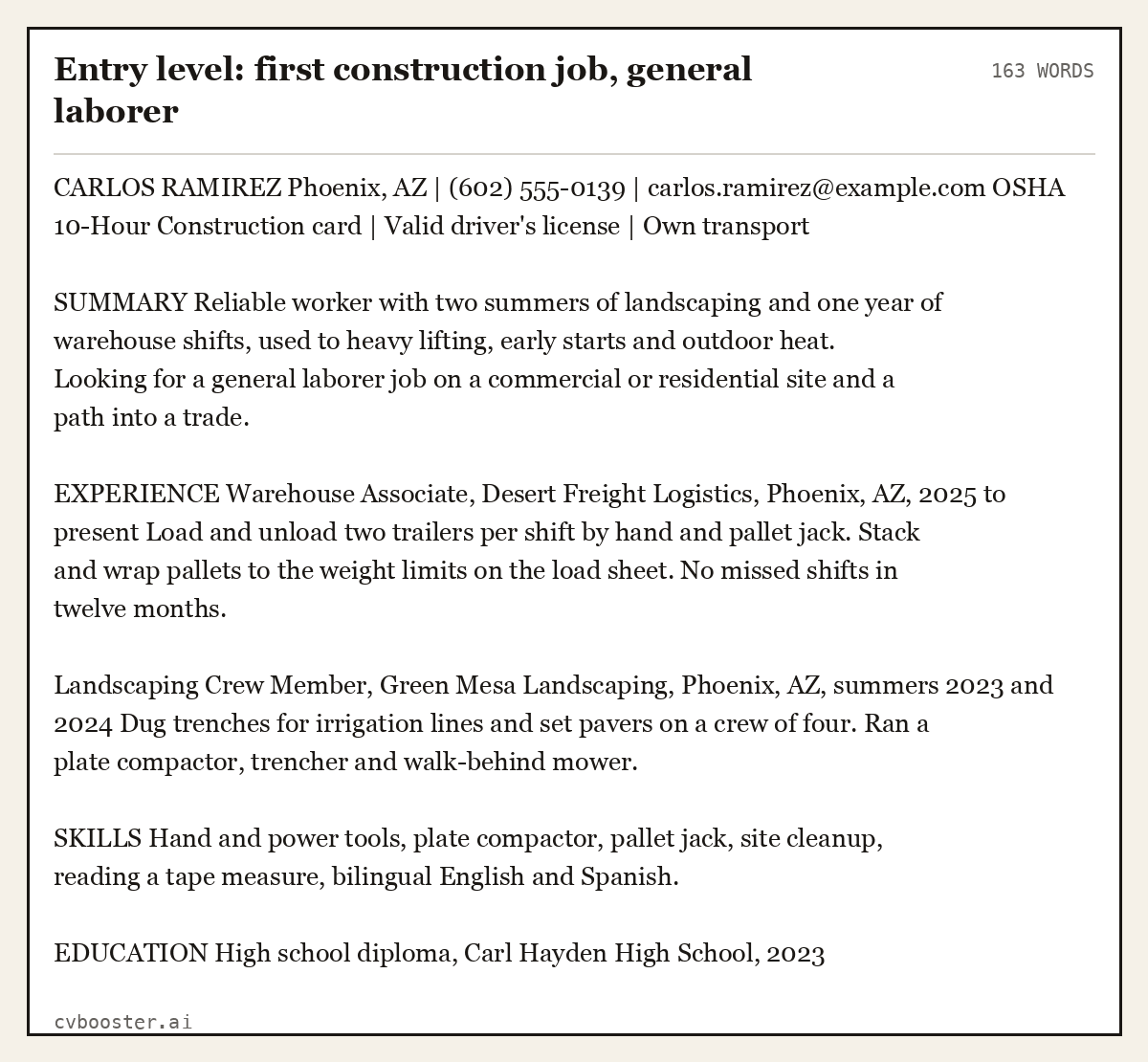 Complete Entry level: first construction job, general laborer example, 163 words, laid out as it would sit in the application form