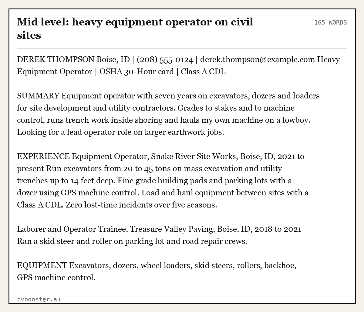Complete Mid level: heavy equipment operator on civil sites example, 165 words, laid out as it would sit in the application form
