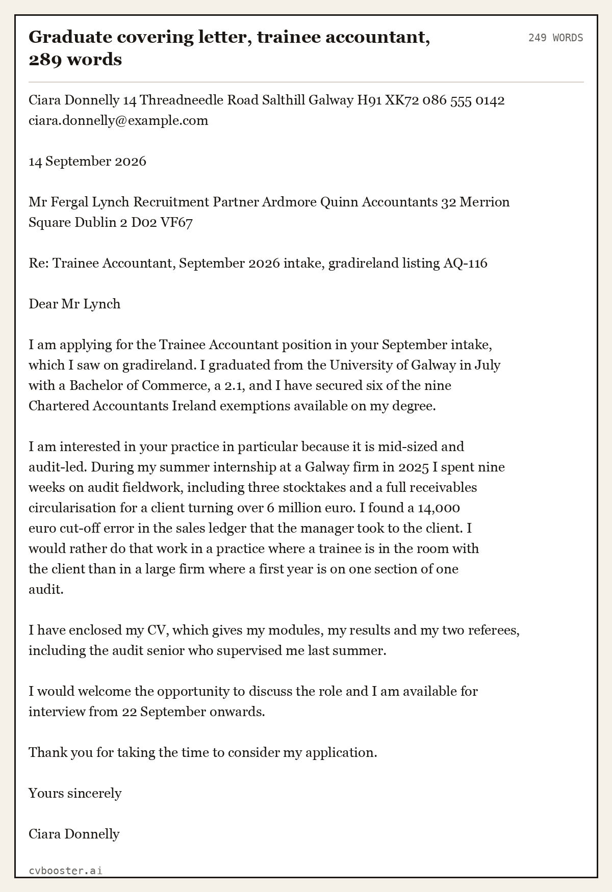 Complete Graduate covering letter, trainee accountant example, 249 words, laid out as it would sit in the application form