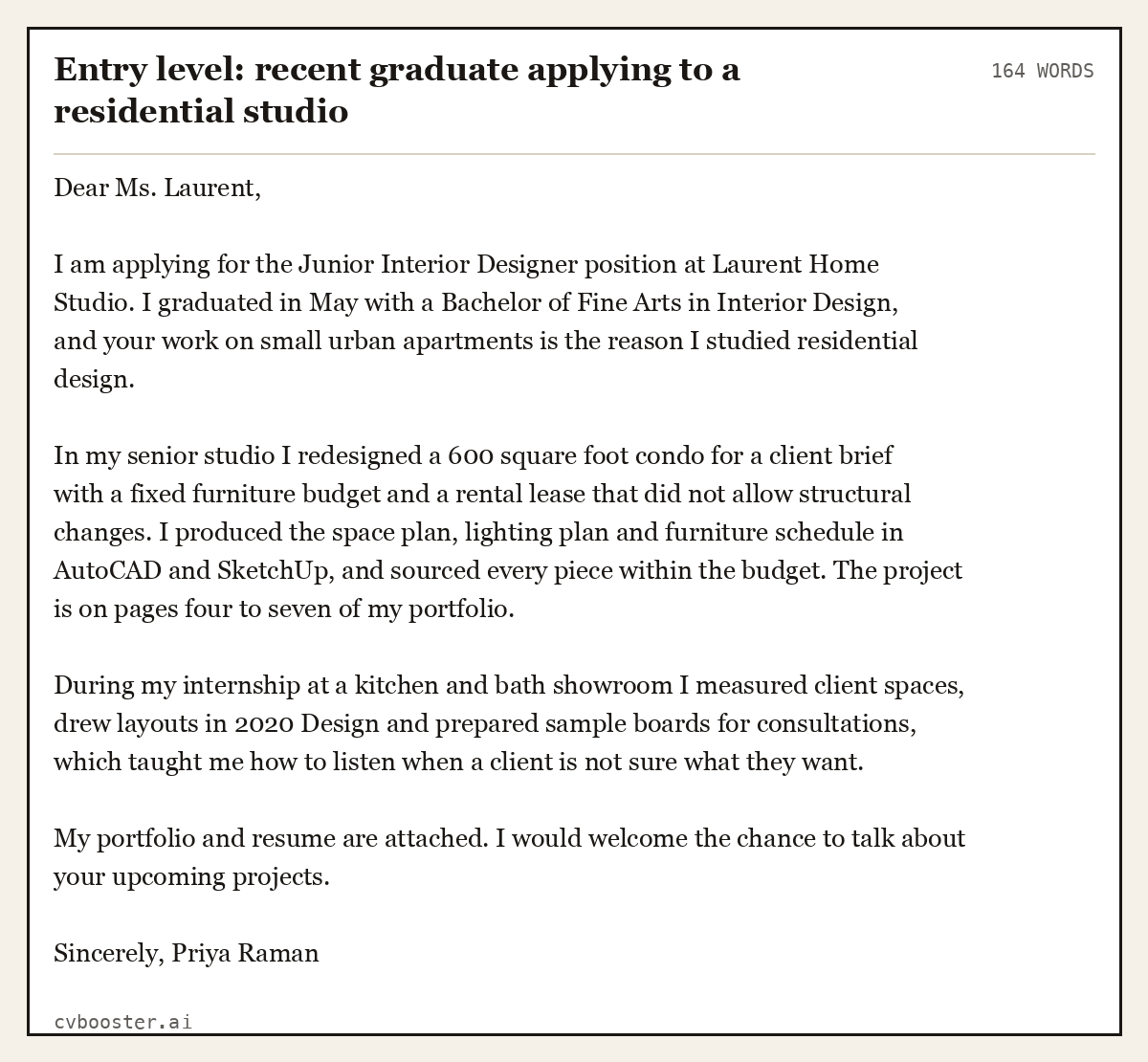 Complete Entry level: recent graduate applying to a residential studio example, 164 words, laid out as it would sit in the application form