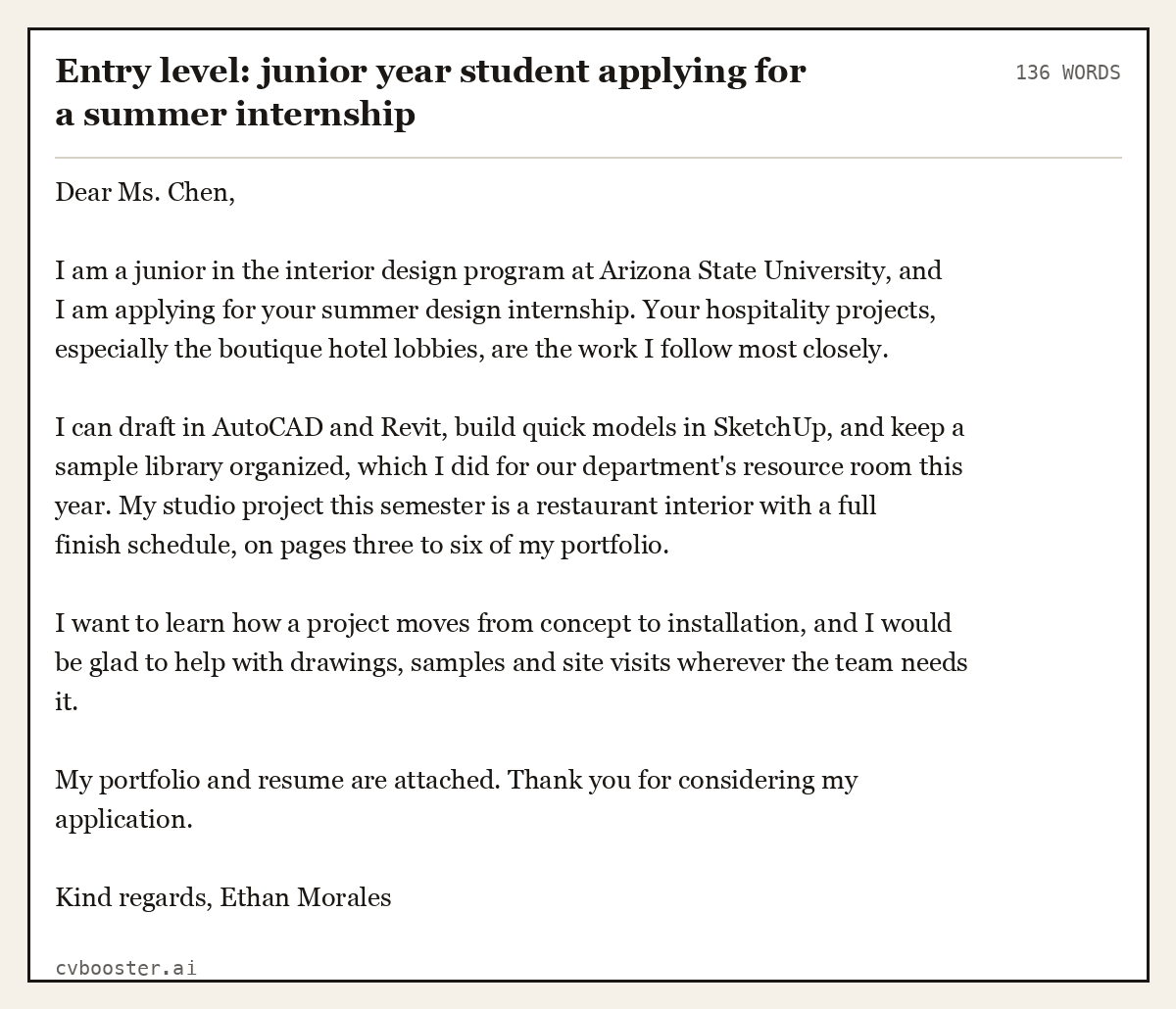 Complete Entry level: junior year student applying for a summer internship example, 136 words, laid out as it would sit in the application form