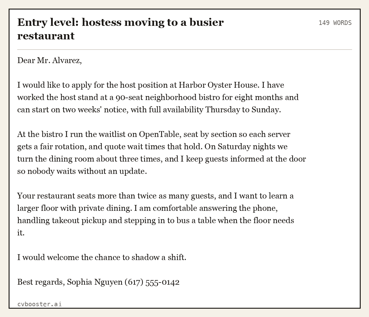Complete Entry level: hostess moving to a busier restaurant example, 149 words, laid out as it would sit in the application form