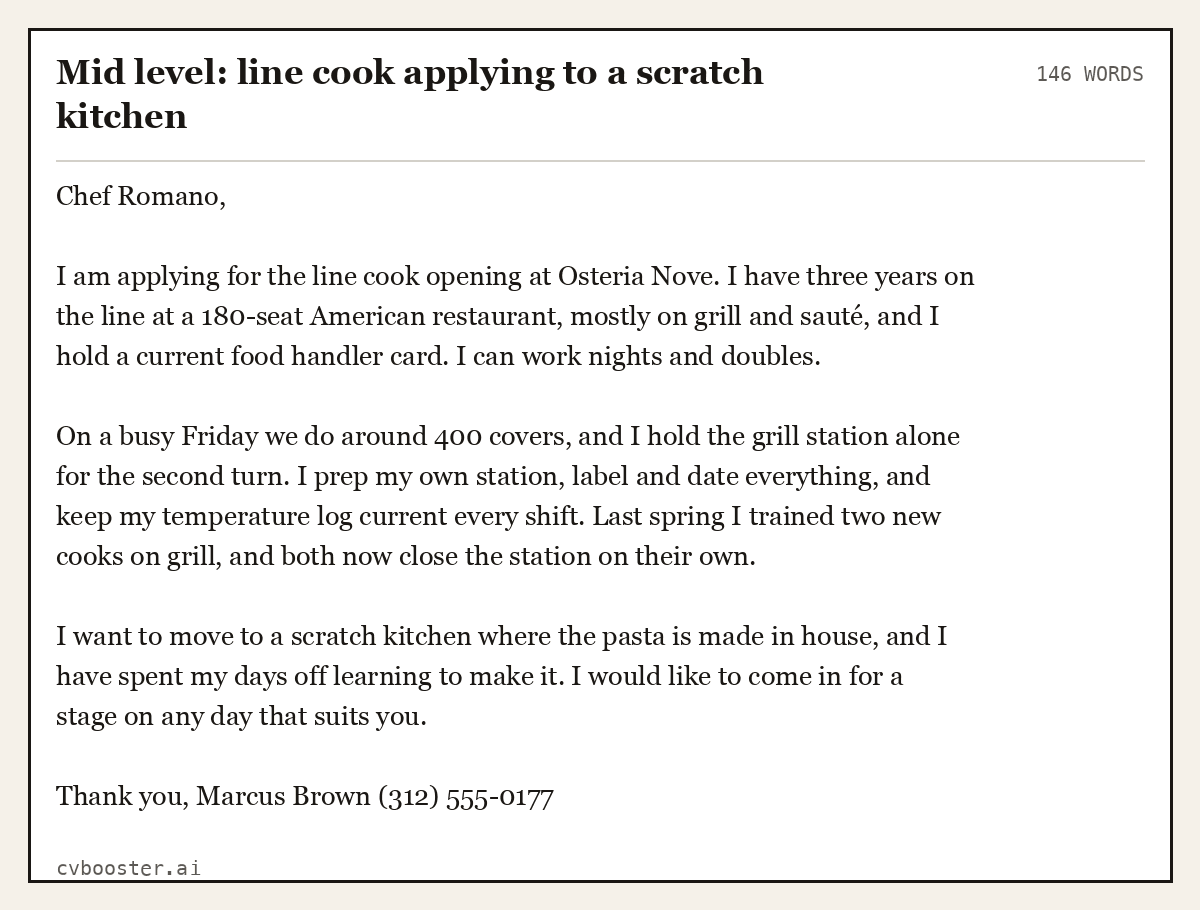 Complete Mid level: line cook applying to a scratch kitchen example, 146 words, laid out as it would sit in the application form