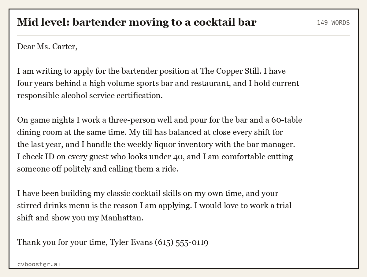 Complete Mid level: bartender moving to a cocktail bar example, 149 words, laid out as it would sit in the application form