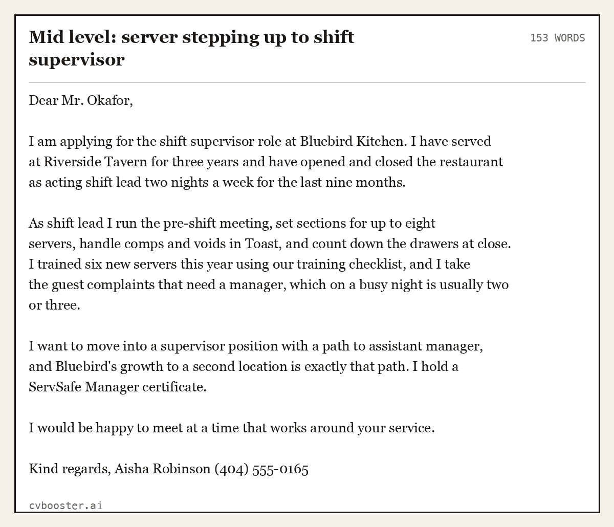 Complete Mid level: server stepping up to shift supervisor example, 153 words, laid out as it would sit in the application form