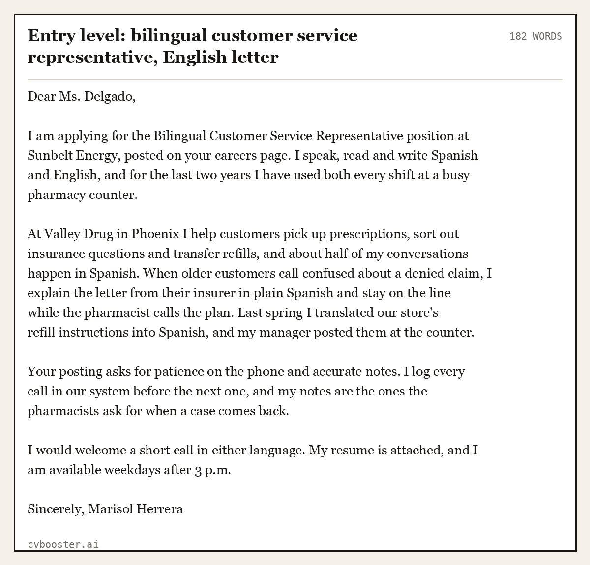 Complete Entry level: bilingual customer service representative, English letter example, 182 words, laid out as it would sit in the application form