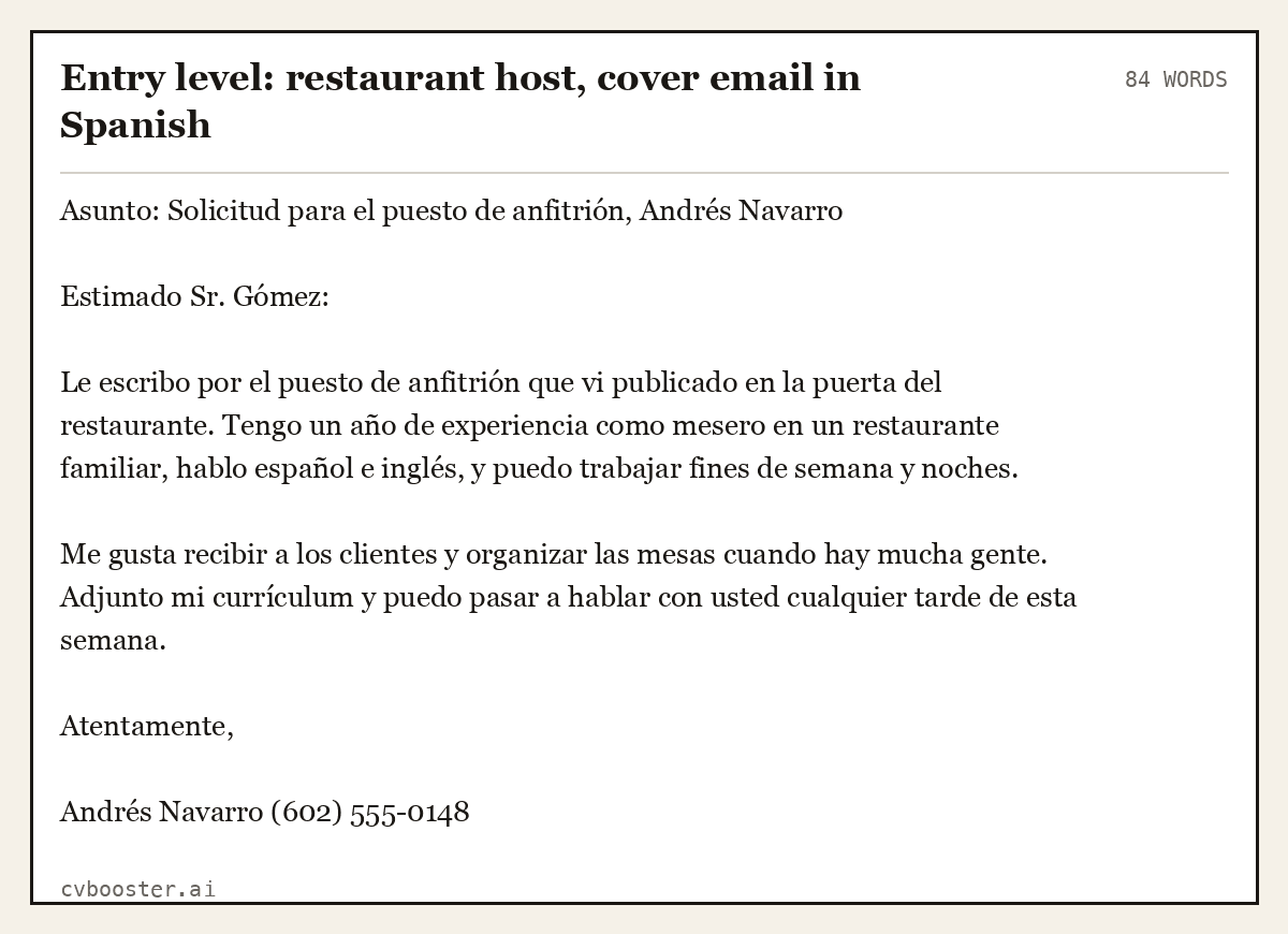 Complete Entry level: restaurant host, cover email in Spanish example, 84 words, laid out as it would sit in the application form