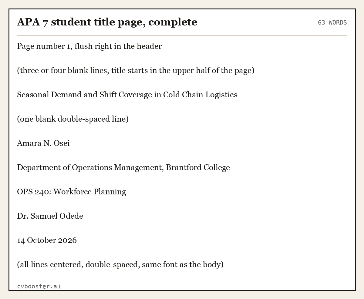 Complete APA 7 student title page, complete example, 63 words, laid out as it would sit in the application form