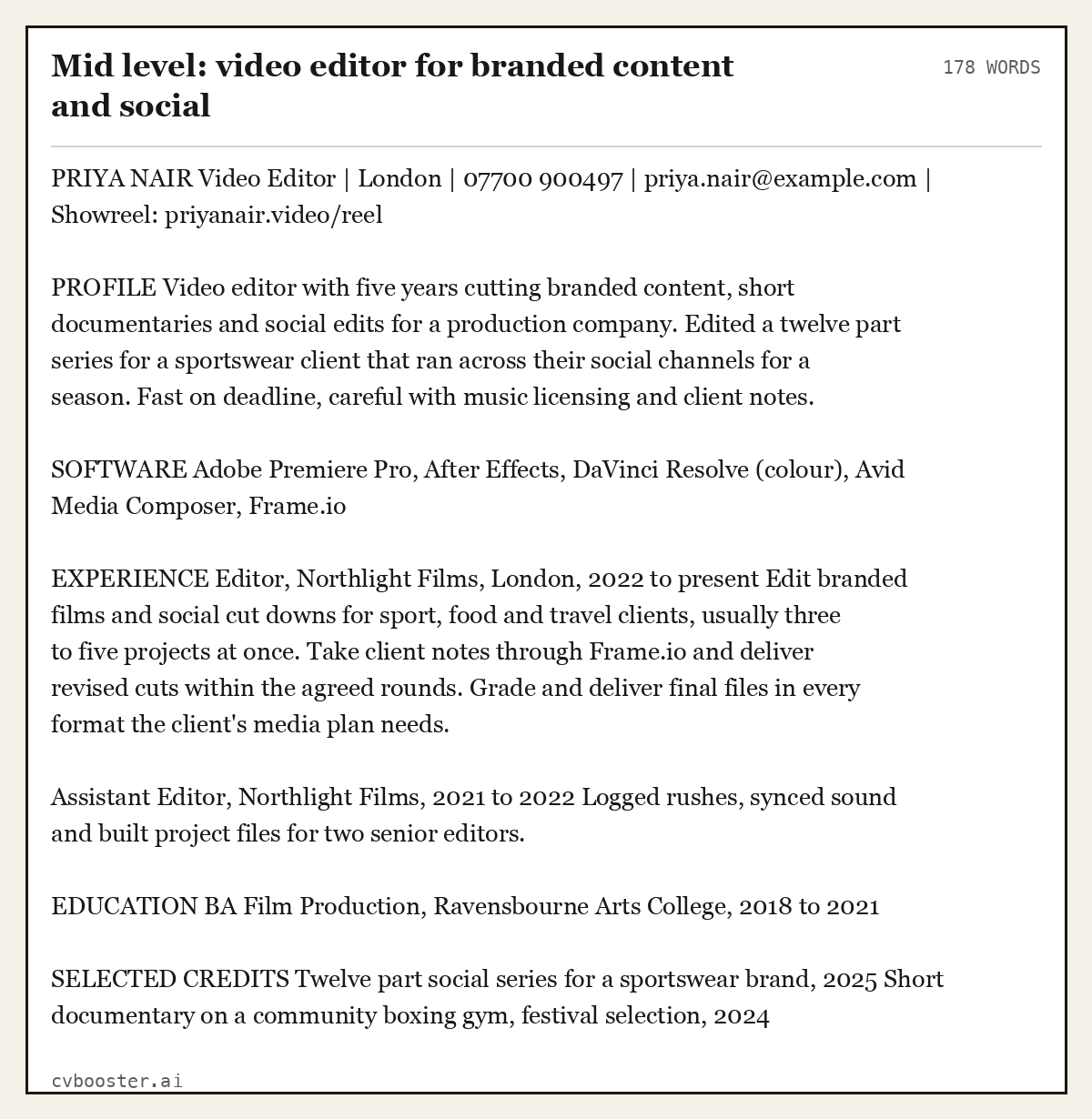 Complete Mid level: video editor for branded content and social example, 178 words, laid out as it would sit in the application form