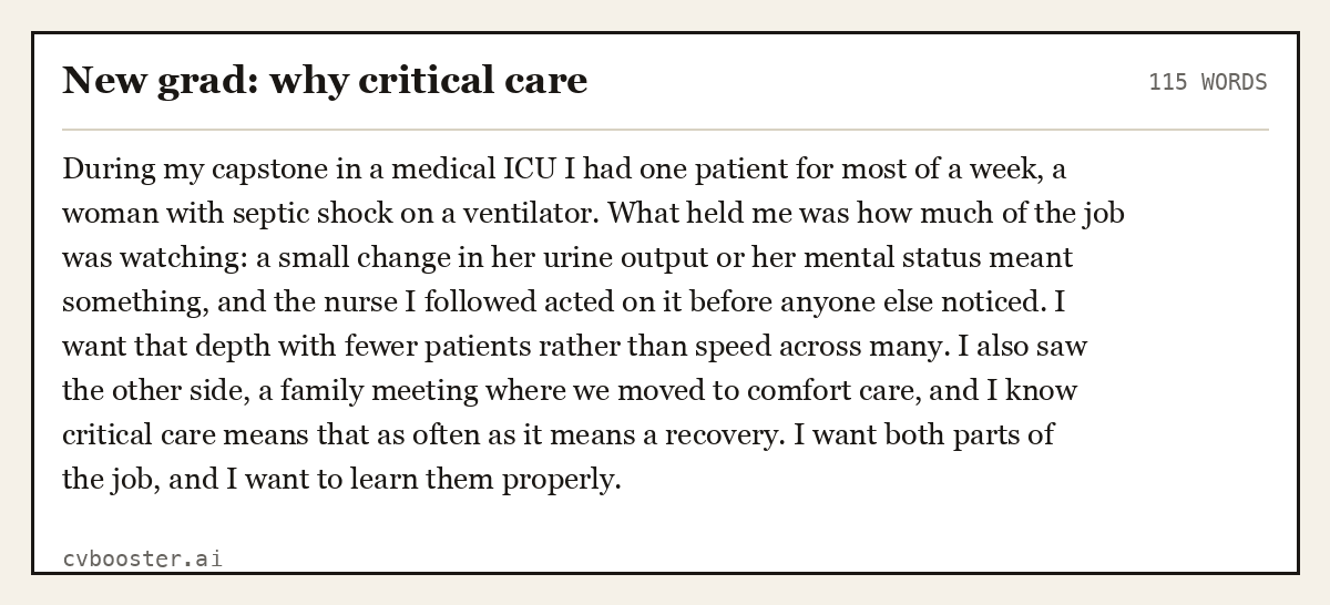 Complete New grad: why critical care example, 115 words, laid out as it would sit in the application form