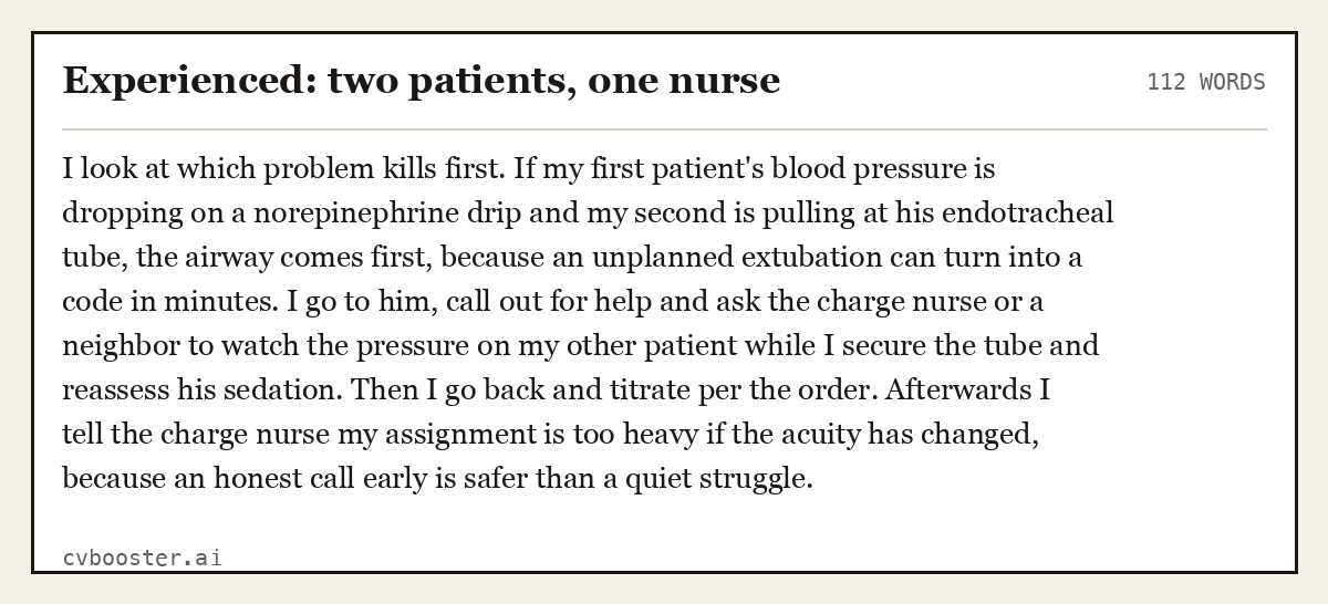 Complete Experienced: two patients, one nurse example, 112 words, laid out as it would sit in the application form