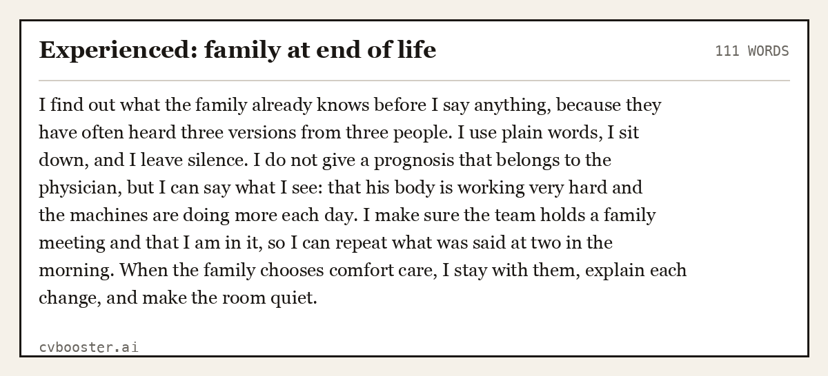 Complete Experienced: family at end of life example, 111 words, laid out as it would sit in the application form