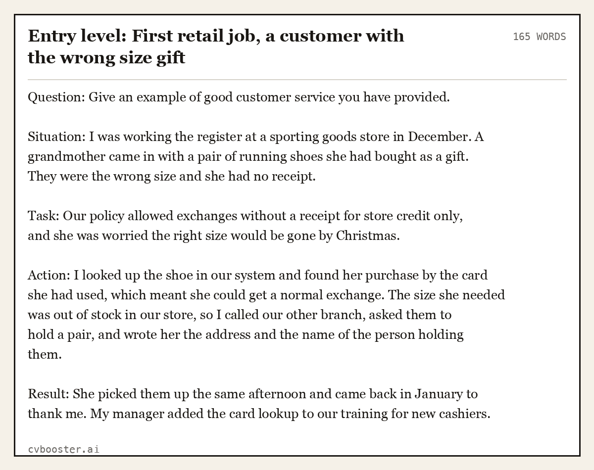 Complete Entry level: First retail job, a customer with the wrong size gift example, 165 words, laid out as it would sit in the application form