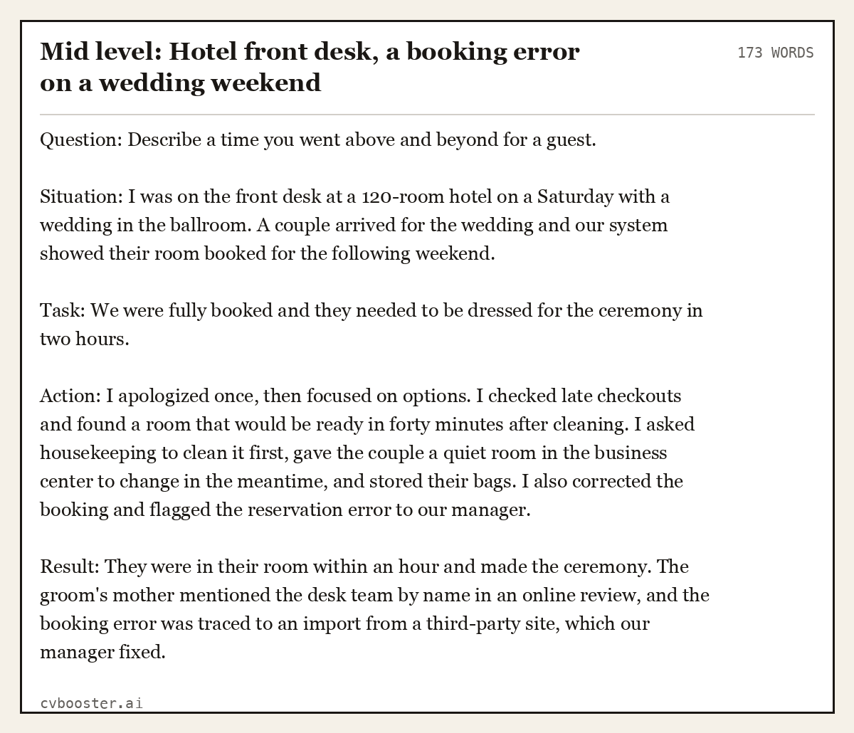 Complete Mid level: Hotel front desk, a booking error on a wedding weekend example, 173 words, laid out as it would sit in the application form