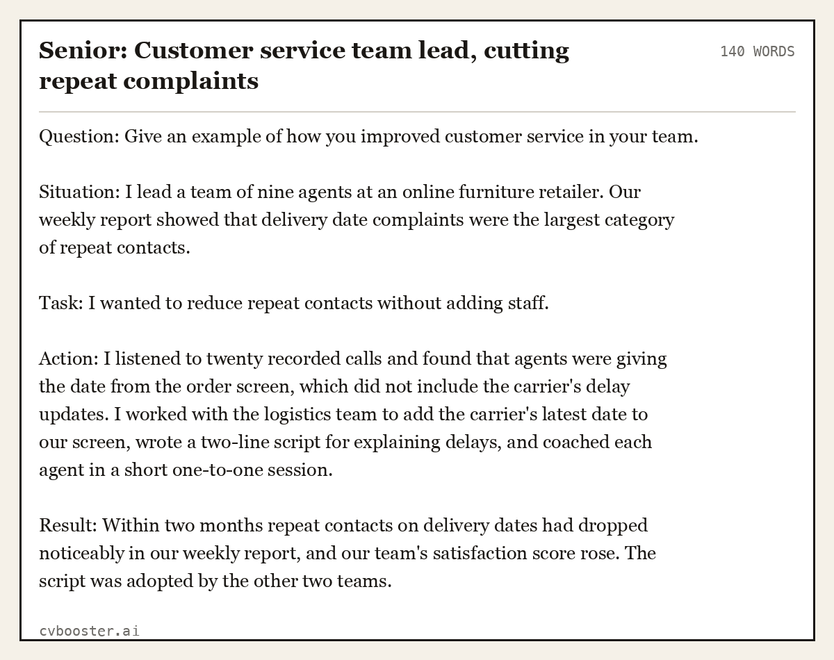 Complete Senior: Customer service team lead, cutting repeat complaints example, 140 words, laid out as it would sit in the application form