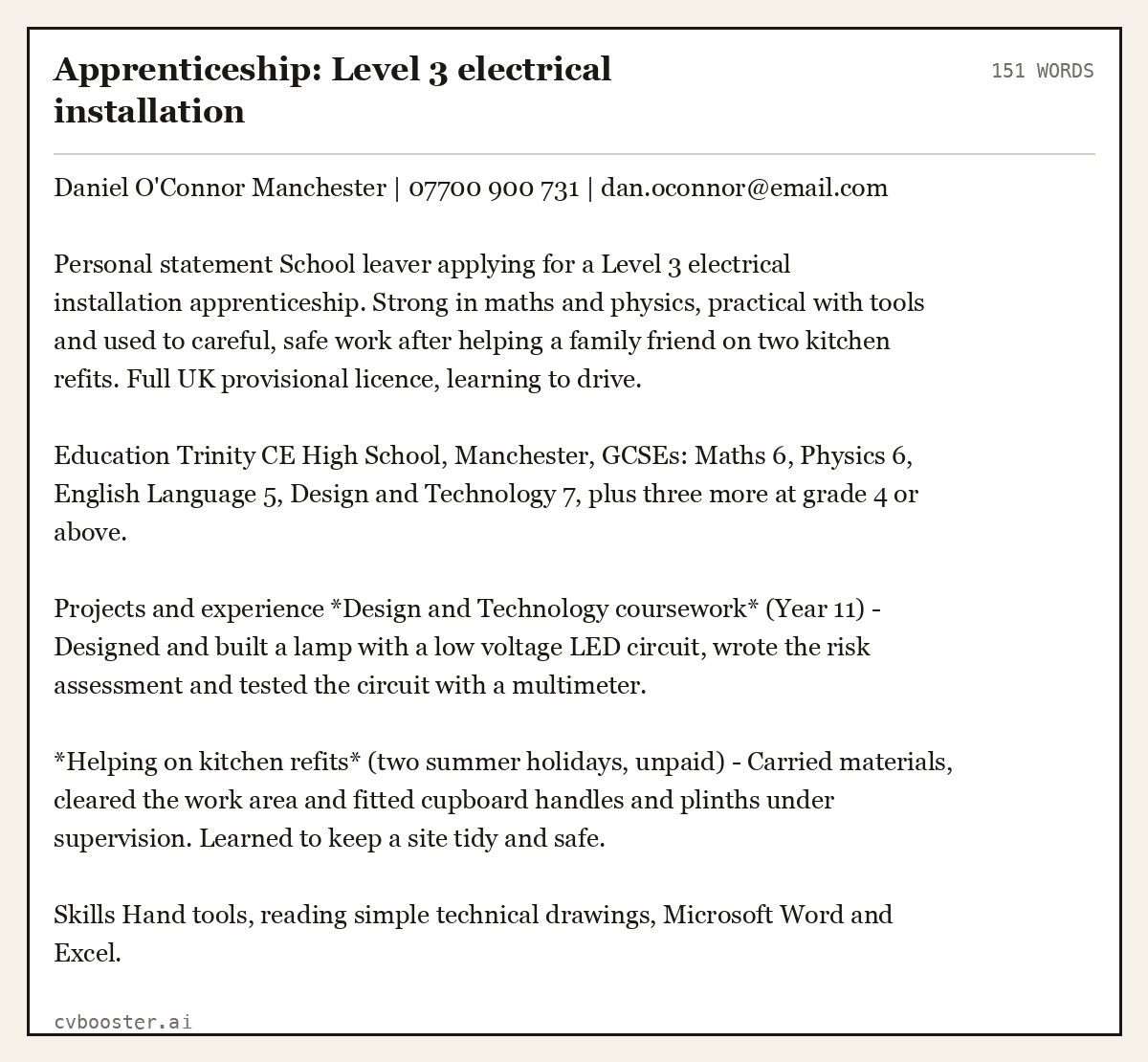 Complete Apprenticeship: Level 3 electrical installation example, 151 words, laid out as it would sit in the application form