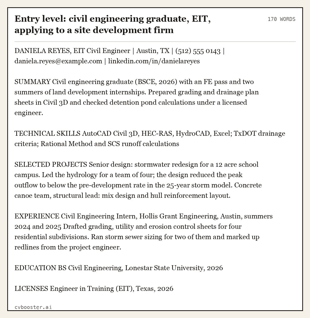 Complete Entry level: civil engineering graduate, EIT, applying to a site development firm example, 170 words, laid out as it would sit in the application form