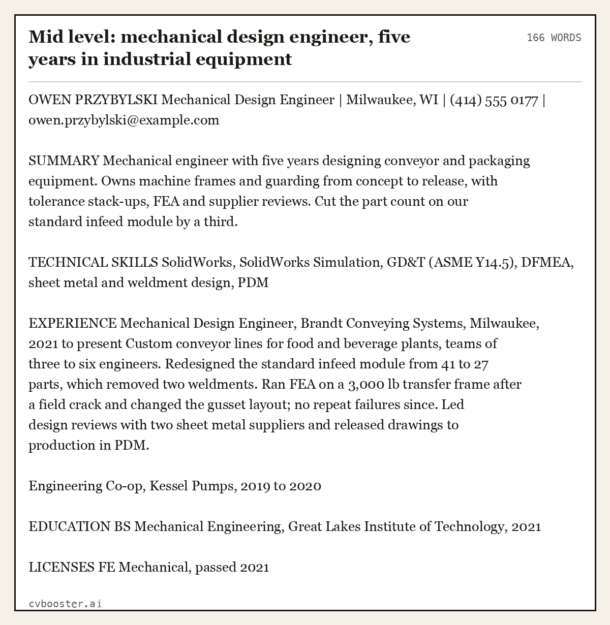 Complete Mid level: mechanical design engineer, five years in industrial equipment example, 166 words, laid out as it would sit in the application form