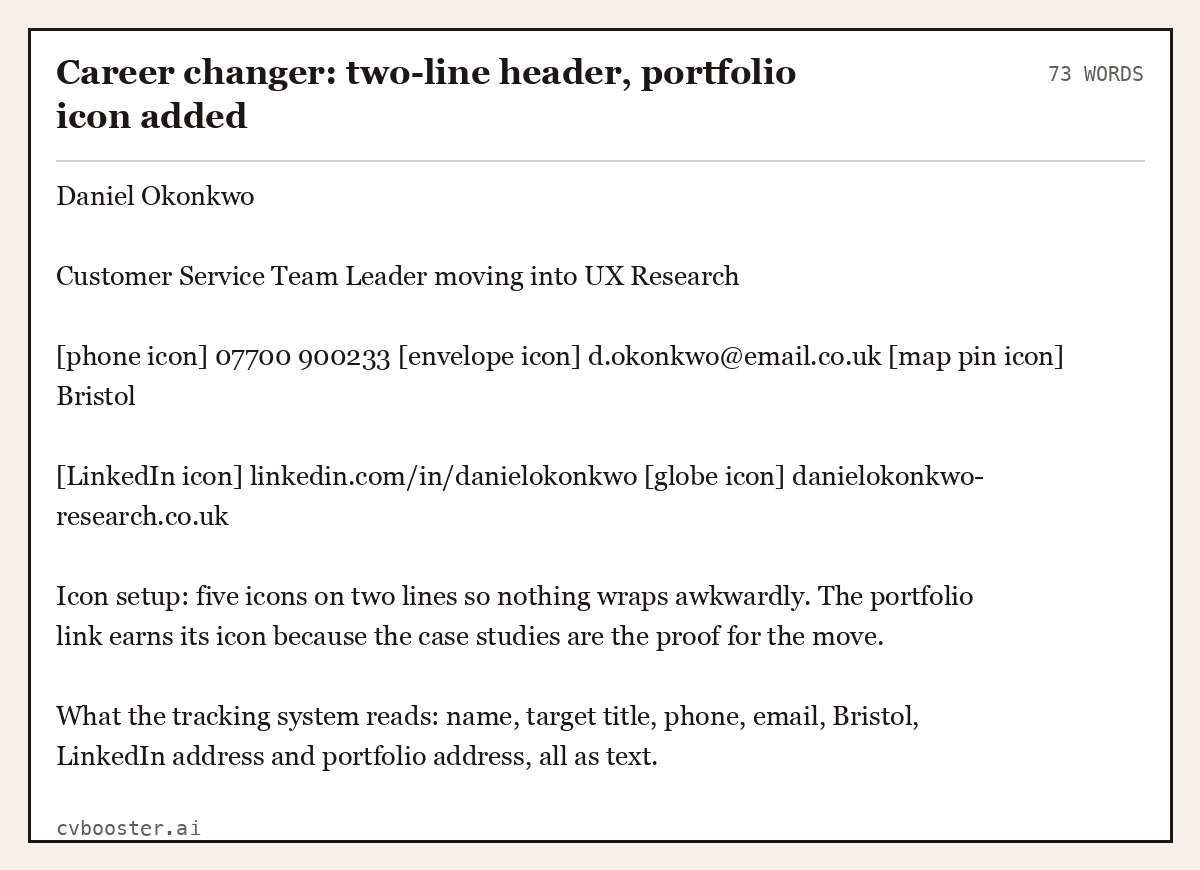 Complete Career changer: two-line header, portfolio icon added example, 73 words, laid out as it would sit in the application form