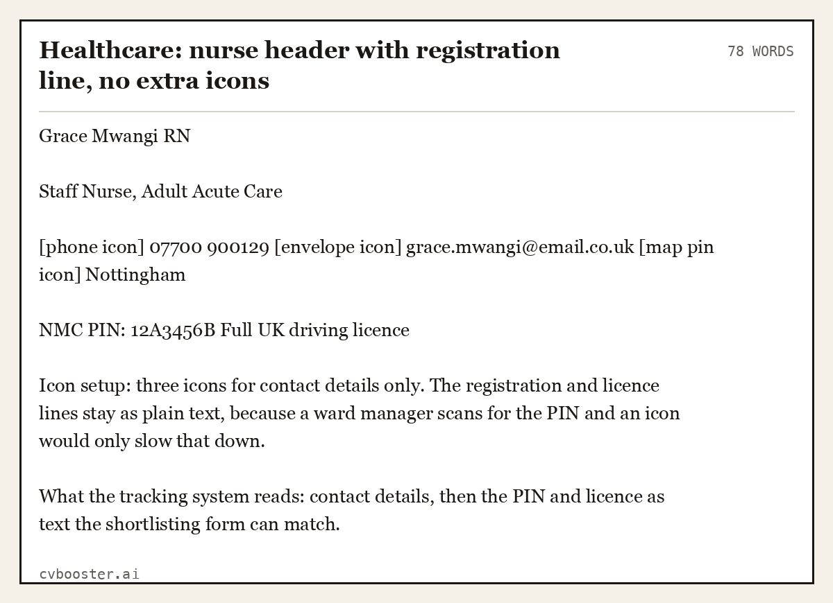 Complete Healthcare: nurse header with registration line, no extra icons example, 78 words, laid out as it would sit in the application form
