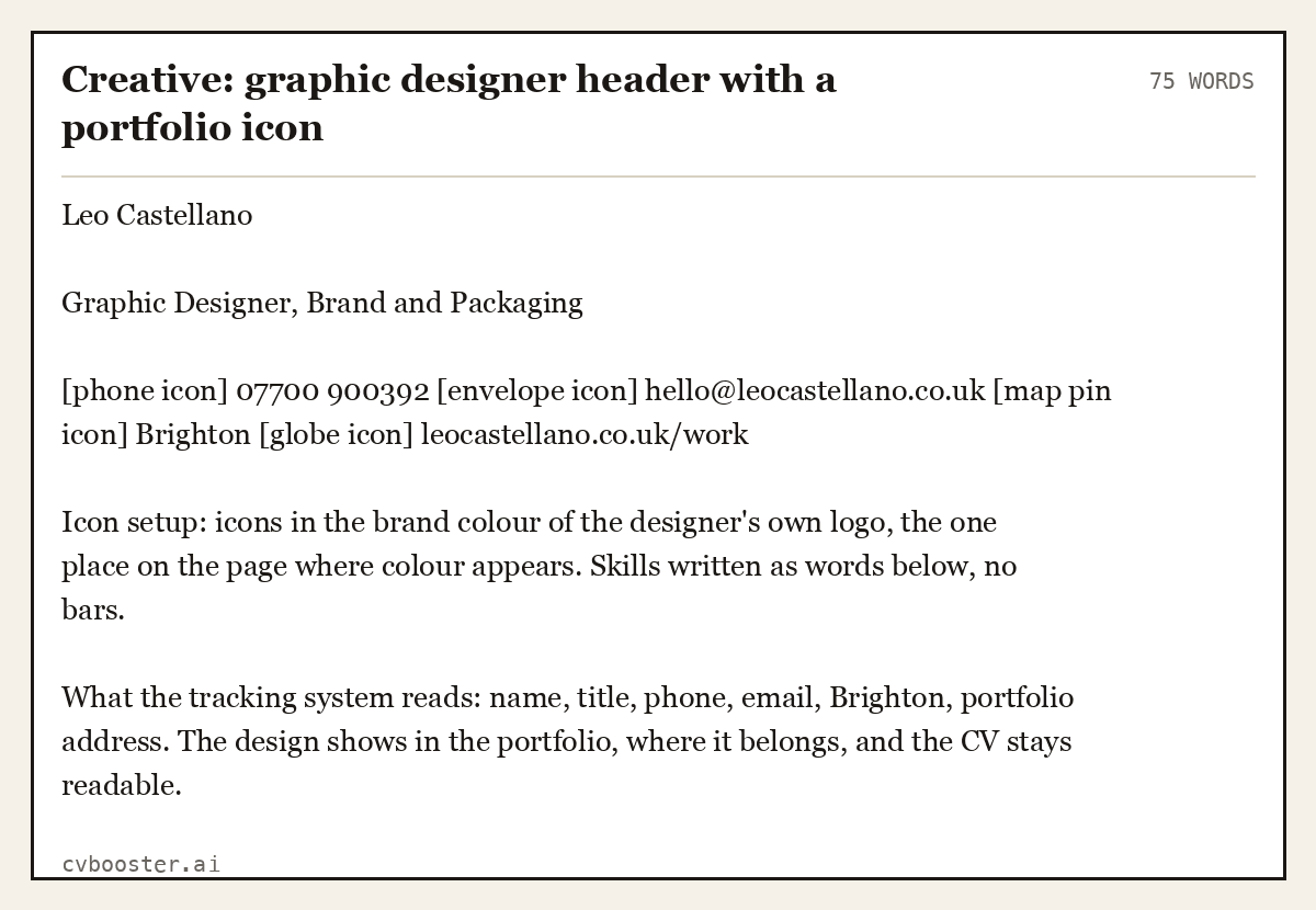 Complete Creative: graphic designer header with a portfolio icon example, 75 words, laid out as it would sit in the application form