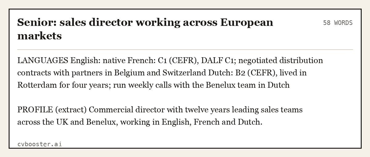 Complete Senior: sales director working across European markets example, 58 words, laid out as it would sit in the application form