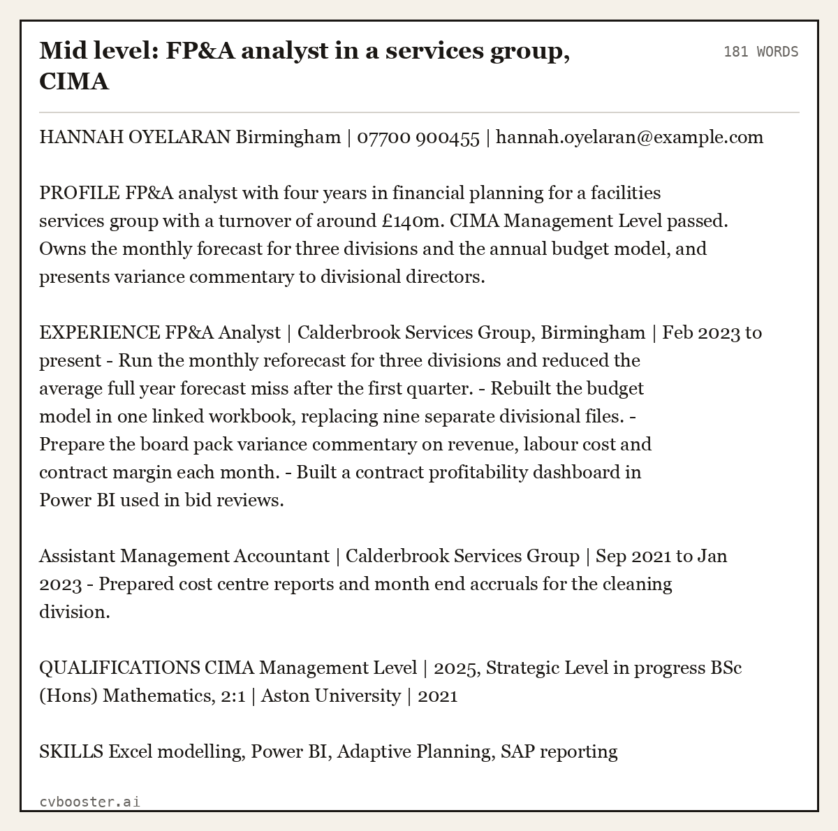Complete Mid level: FP&A analyst in a services group, CIMA example, 181 words, laid out as it would sit in the application form