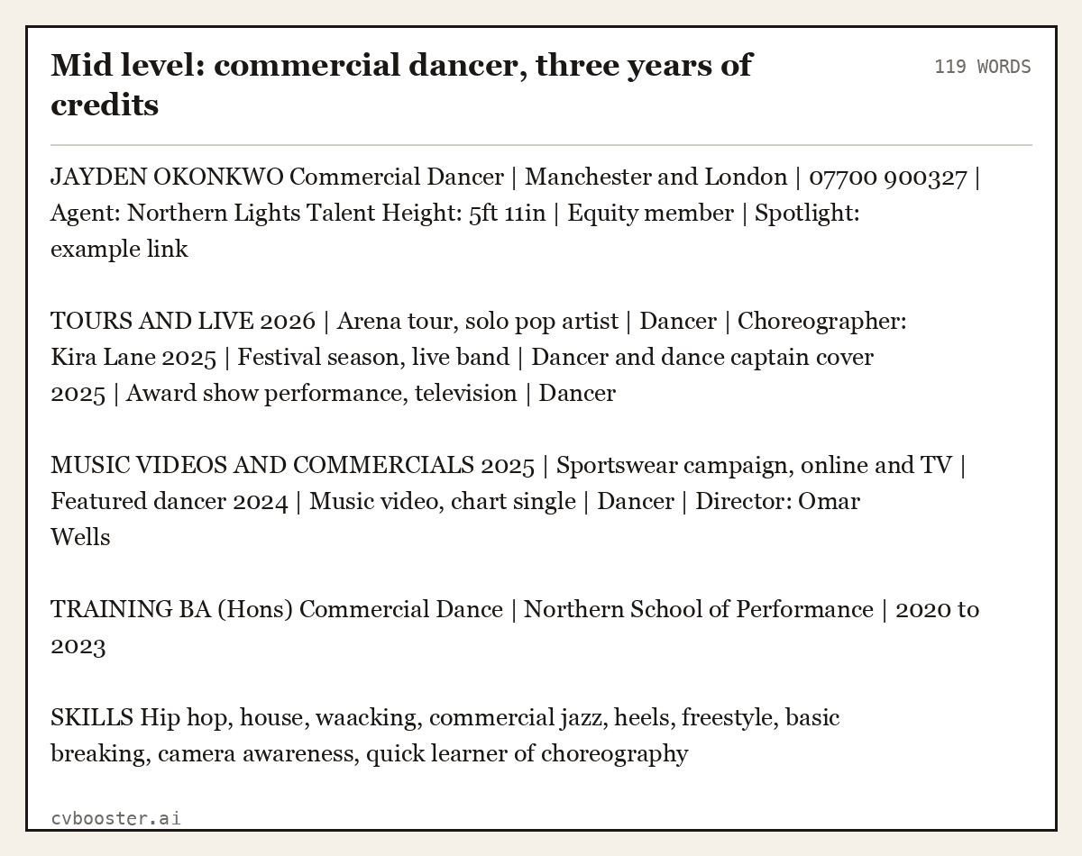 Complete Mid level: commercial dancer, three years of credits example, 119 words, laid out as it would sit in the application form