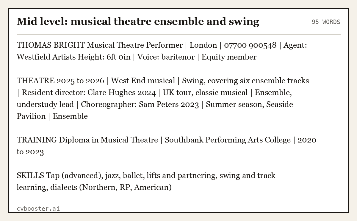 Complete Mid level: musical theatre ensemble and swing example, 95 words, laid out as it would sit in the application form