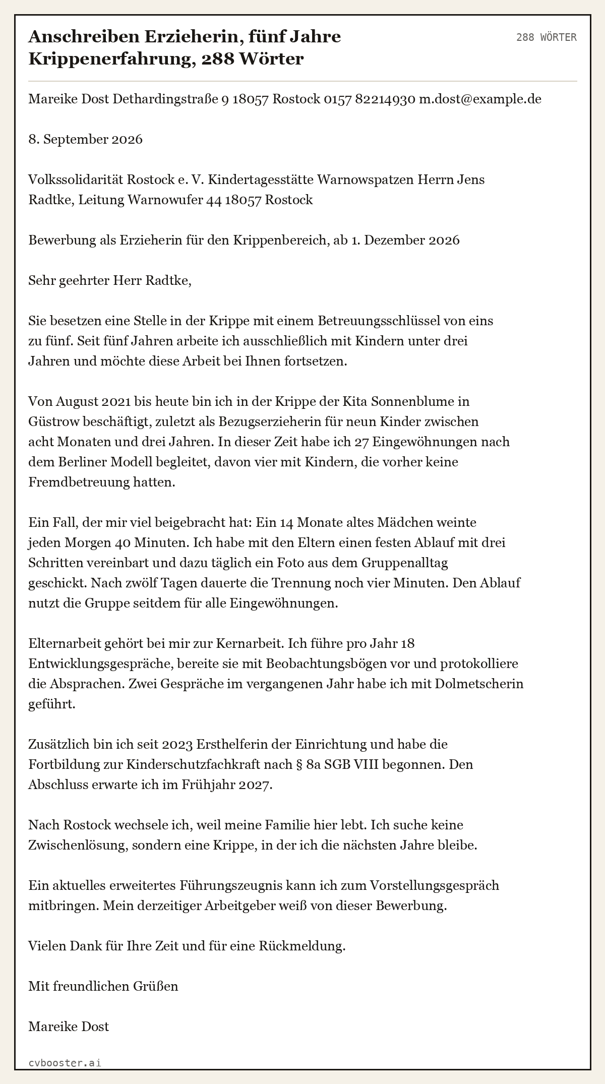 Ausgearbeitetes Beispiel: Anschreiben Erzieherin, fünf Jahre Krippenerfahrung, 288 Wörter