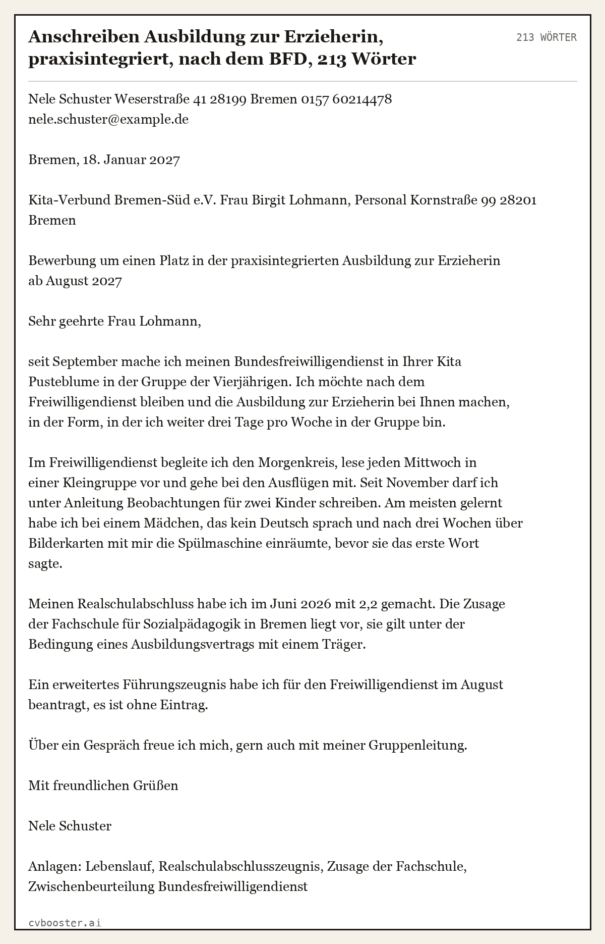 Ausgearbeitetes Beispiel: Anschreiben Ausbildung zur Erzieherin, praxisintegriert, nach dem BFD, 213 Wörter