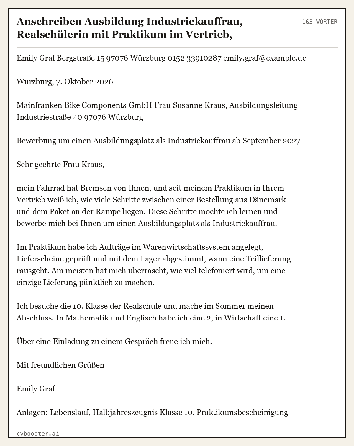 Ausgearbeitetes Beispiel: Anschreiben Ausbildung Industriekauffrau, Realschülerin mit Praktikum im Vertrieb, Hersteller von Fahrradteilen, 163 Wörter