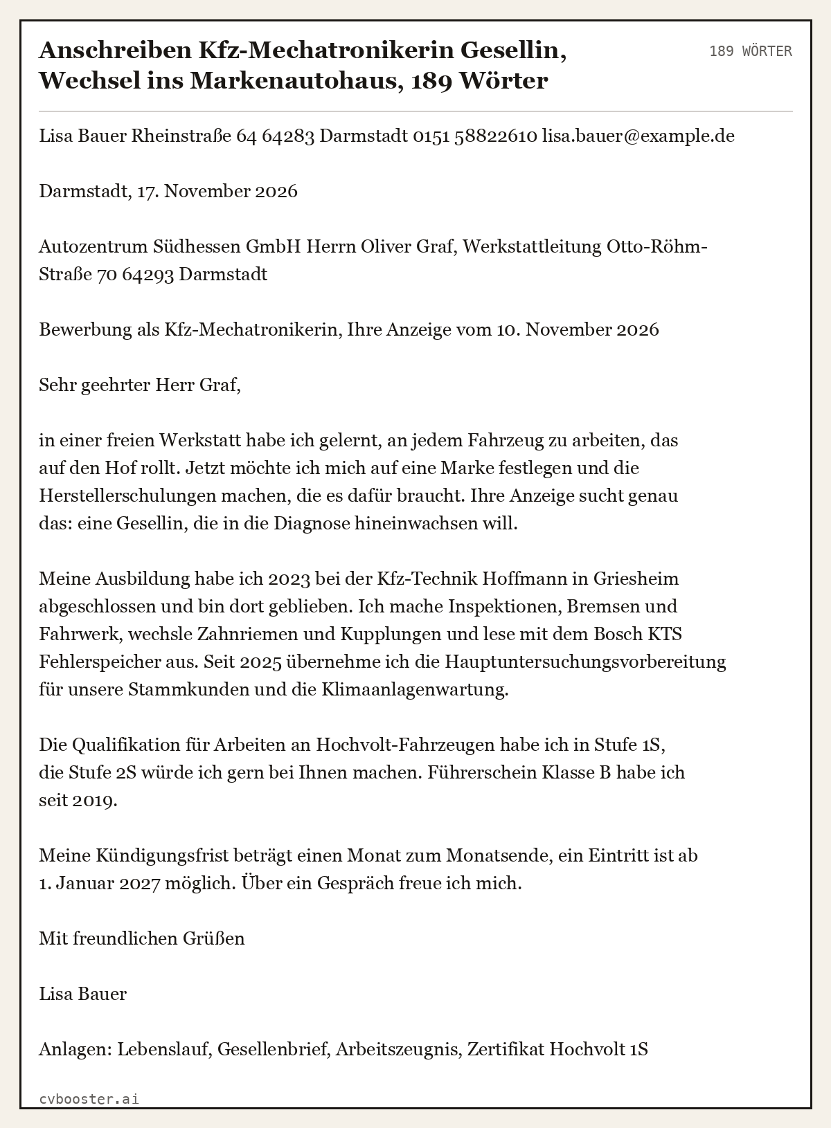 Ausgearbeitetes Beispiel: Anschreiben Kfz-Mechatronikerin Gesellin, Wechsel ins Markenautohaus, 189 Wörter