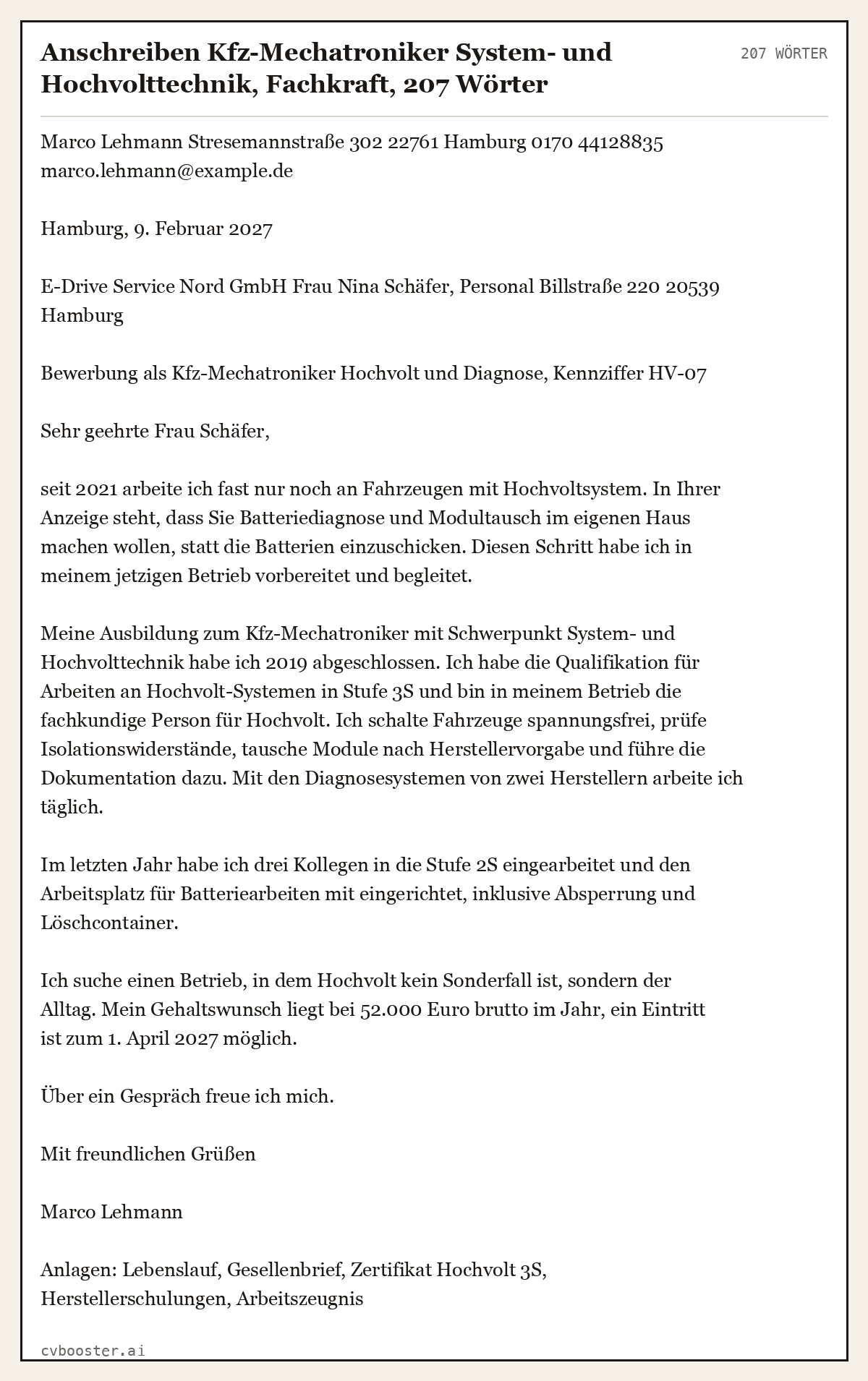 Ausgearbeitetes Beispiel: Anschreiben Kfz-Mechatroniker System- und Hochvolttechnik, Fachkraft, 207 Wörter