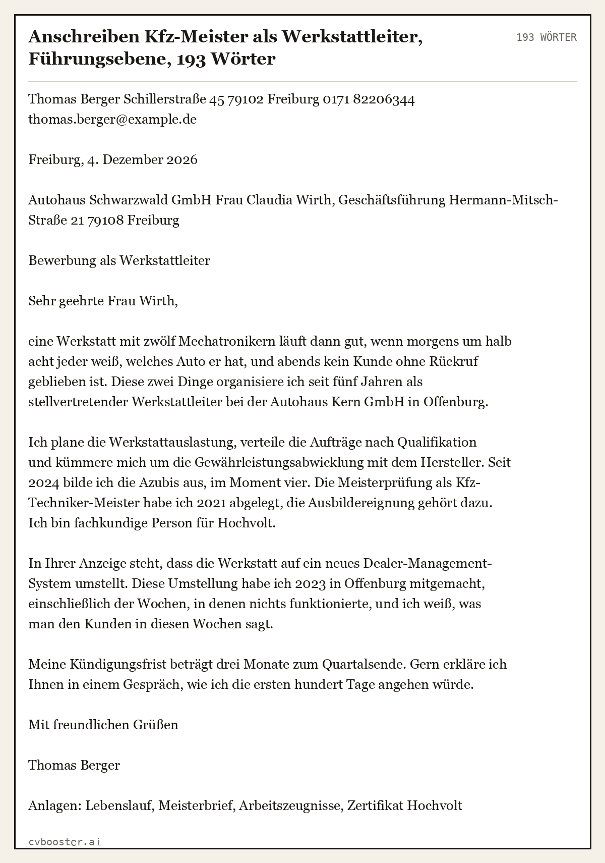 Ausgearbeitetes Beispiel: Anschreiben Kfz-Meister als Werkstattleiter, Führungsebene, 193 Wörter