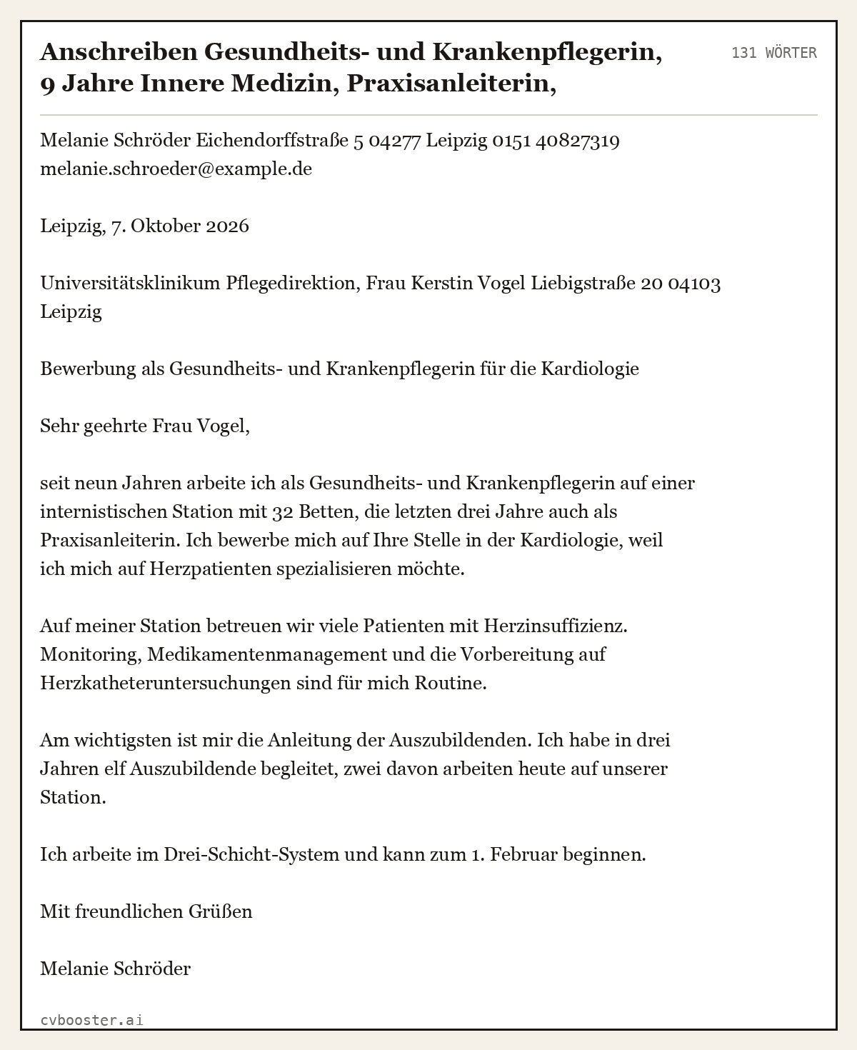 Ausgearbeitetes Beispiel: Anschreiben Gesundheits- und Krankenpflegerin, 9 Jahre Innere Medizin, Praxisanleiterin, Wechsel an Uniklinik, 131 Wörter