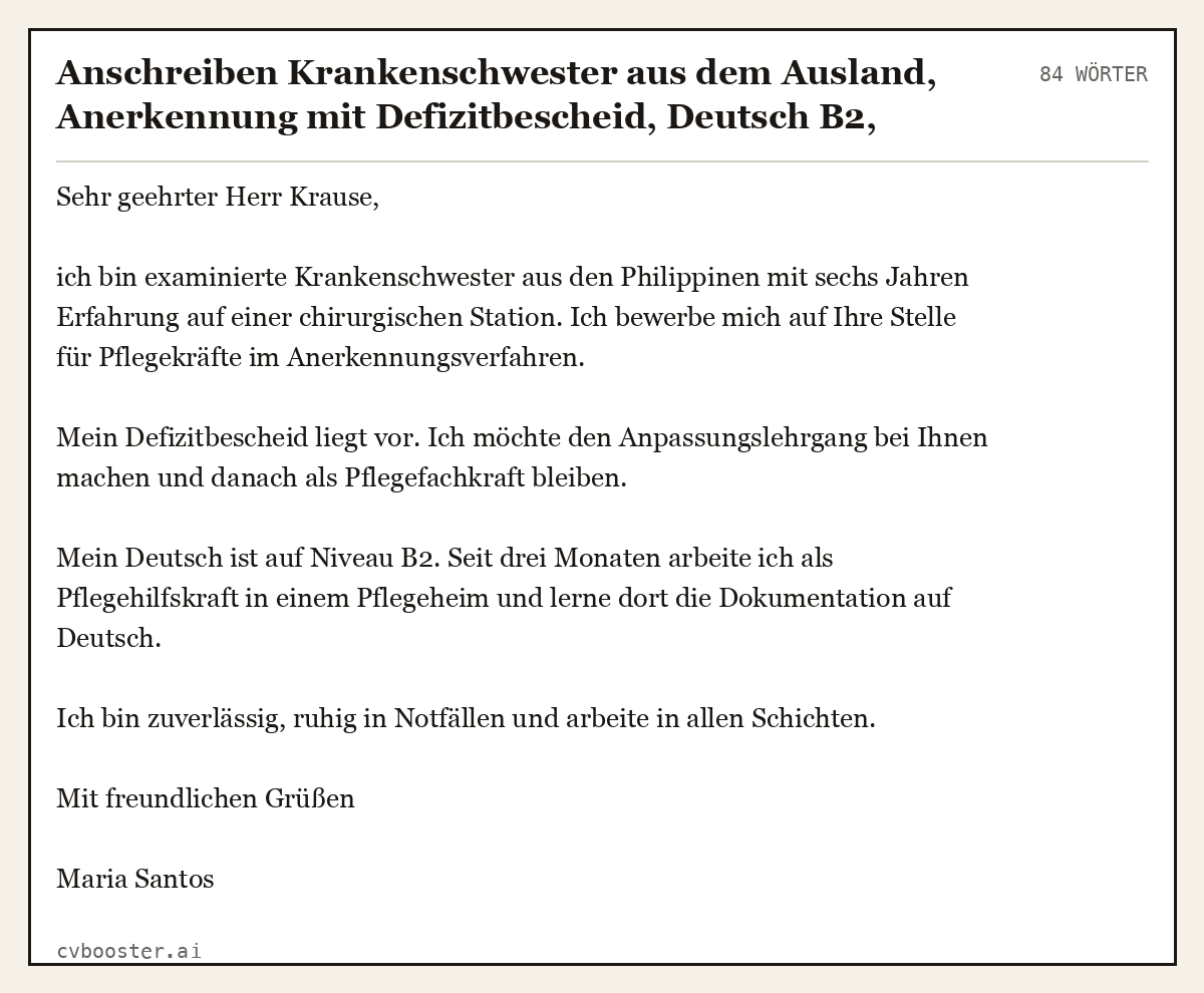 Ausgearbeitetes Beispiel: Anschreiben Krankenschwester aus dem Ausland, Anerkennung mit Defizitbescheid, Deutsch B2, Anpassungslehrgang, 84 Wörter